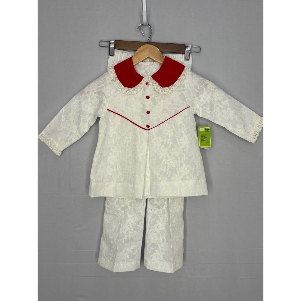 Sears 2 Pc Set Girls White Red Collar Lace Floral Holiday Outdoor 6X NWT Vintage